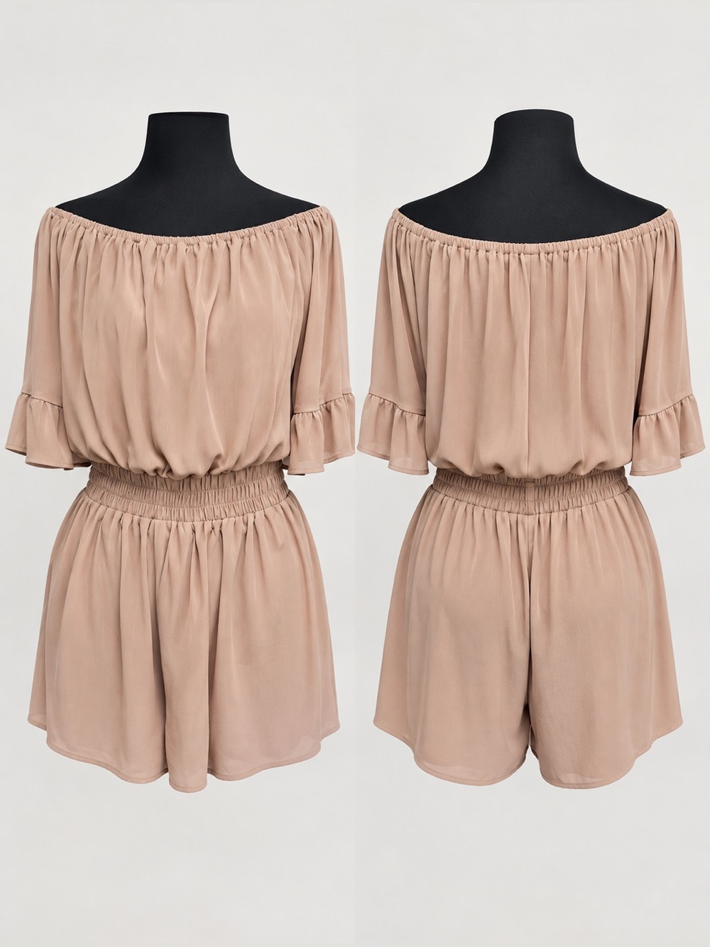 Amazon Off-Shoulder Blouson Romper in Dusty Blush Size L